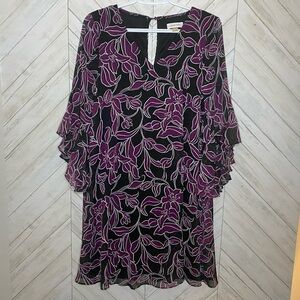 Calvin Klein Black and Purple Floral Long Sleeve Dress